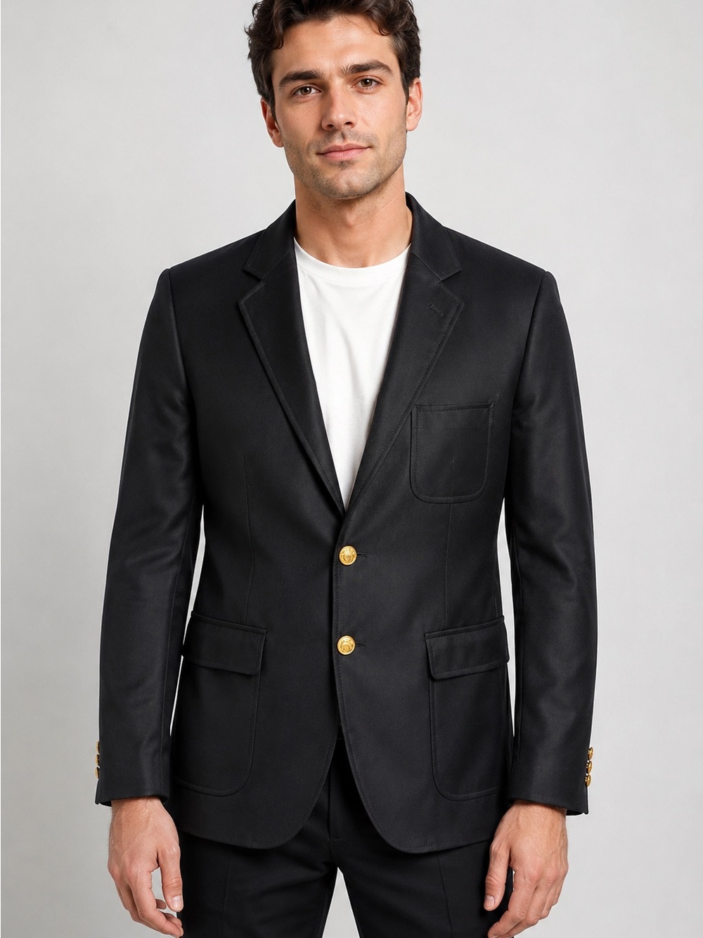 Men's Black Two-Button Blazer with Gold Buttons